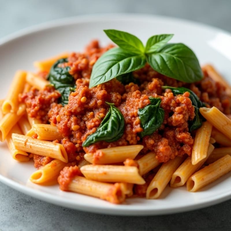 Lean Ground Turkey Pasta with Hearty Marinara and Fresh Spinach