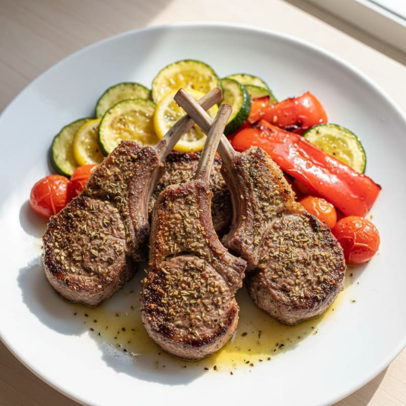 Charred Herb-Crusted Lamb Chops with Roasted Vegetables