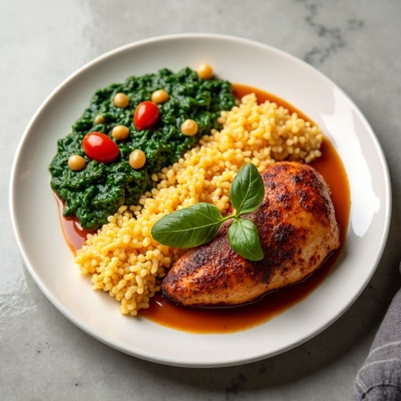 Eba with Spicy Chicken and Leafy Green Soup
