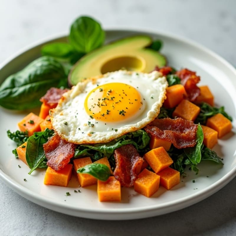 Crispy Turkey Bacon and Egg White Scramble with Spinach and Sweet Potato
