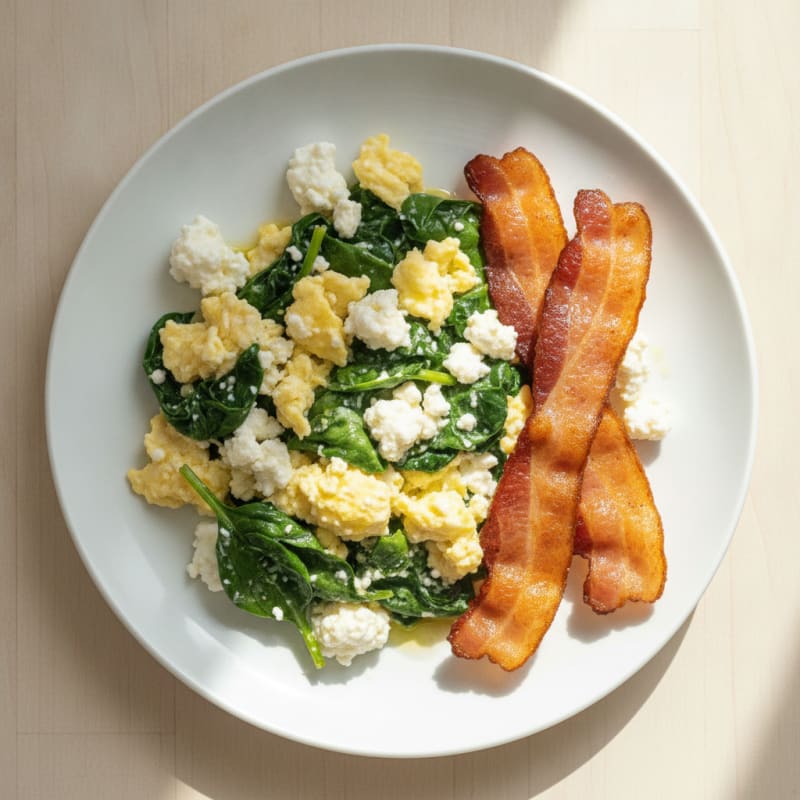 Cottage Cheese and Egg Scramble with Spinach and Turkey Bacon