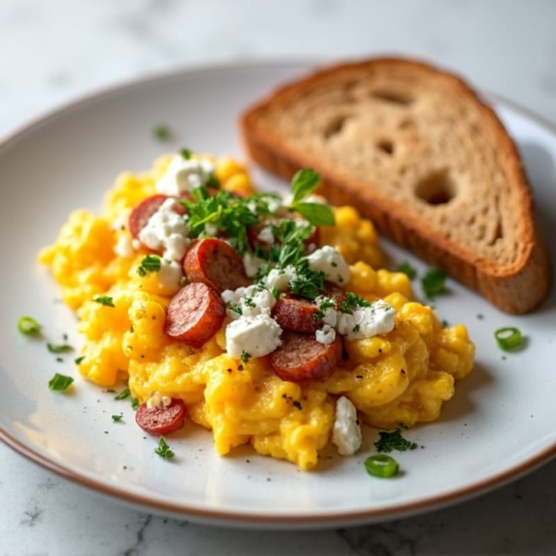 Egg White Scramble with Turkey Sausage, Cottage Cheese & Whole Grain Toast