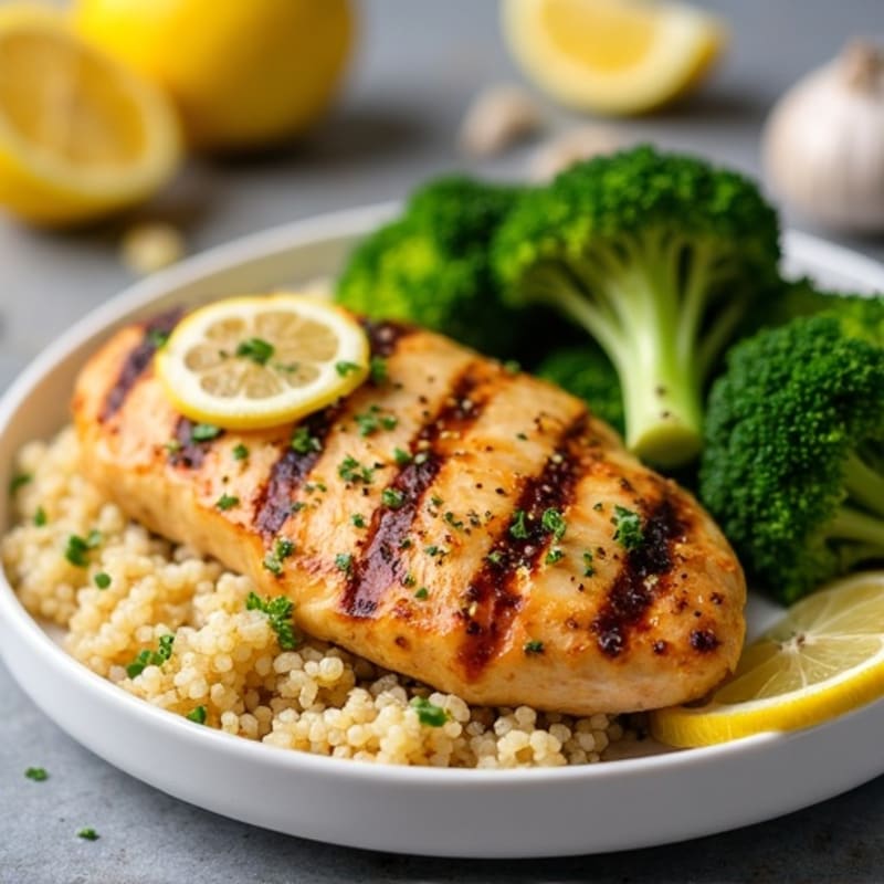 Grilled Lemon-Garlic Chicken Breast with Quinoa and Roasted Broccoli