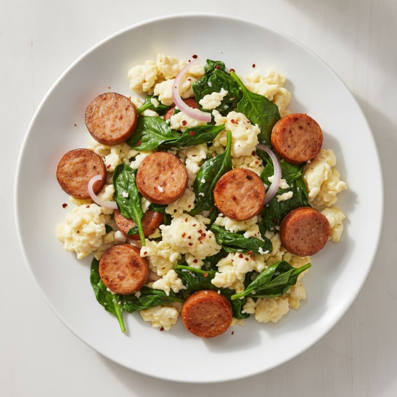 Egg White Scramble with Turkey Sausage and Sautéed Spinach