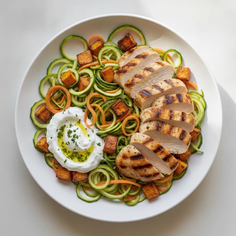 Grilled Chicken and Zucchini Salad with Roasted Sweet Potato