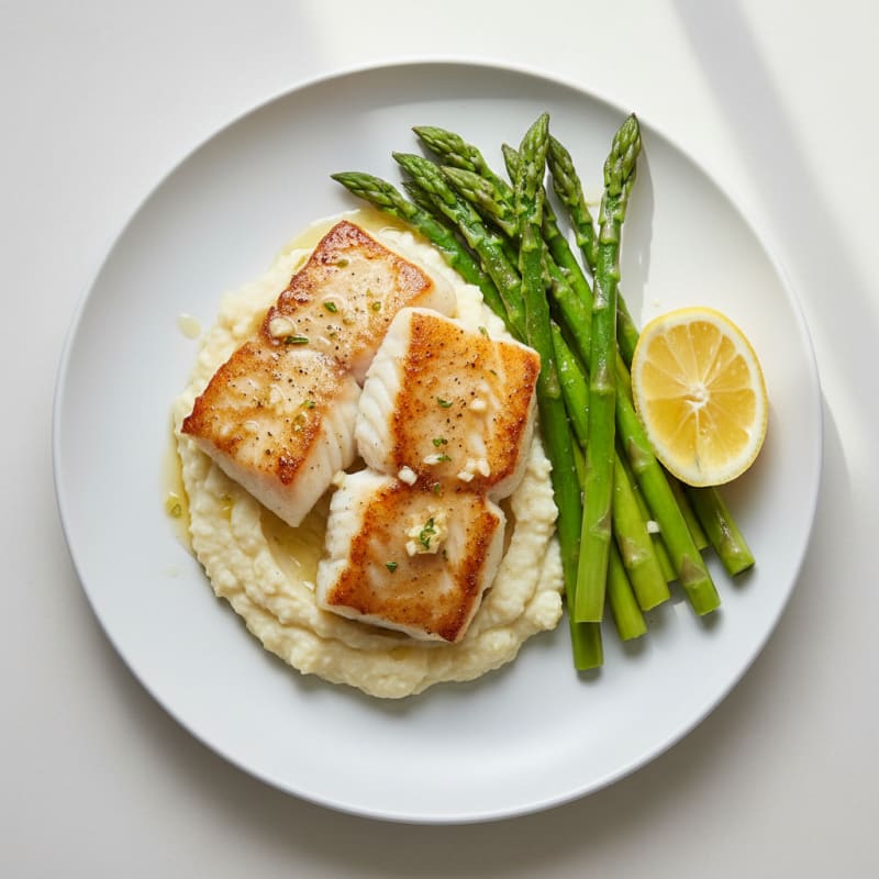 Seared Cod Fillet with Steamed Asparagus and Cauliflower Mash