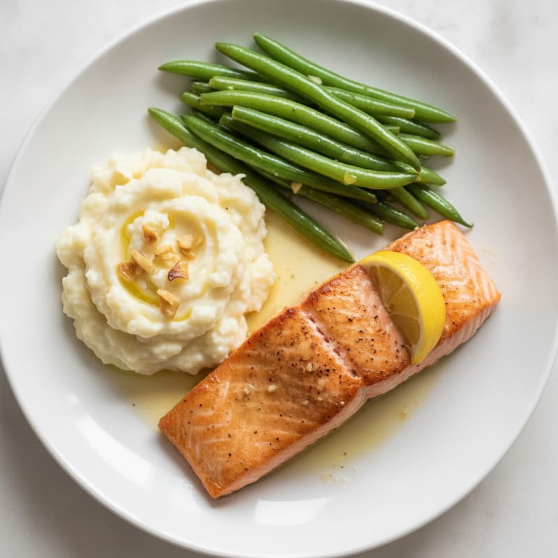 Seared Salmon with Steamed Green Beans and Garlic Mashed Cauliflower