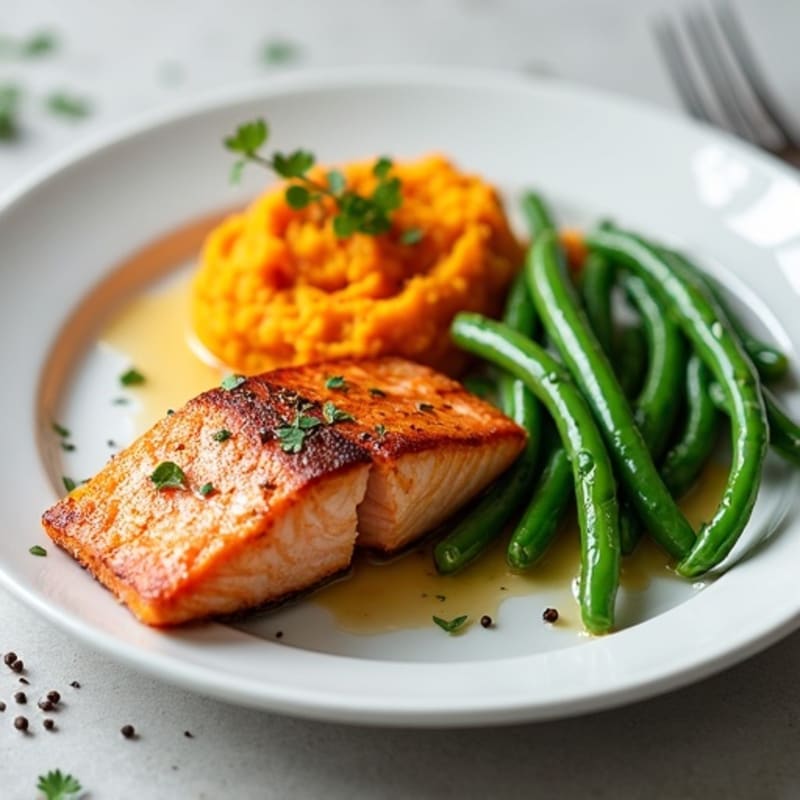 Seared Salmon Fillet with Steamed Green Beans and Sweet Potato Mash