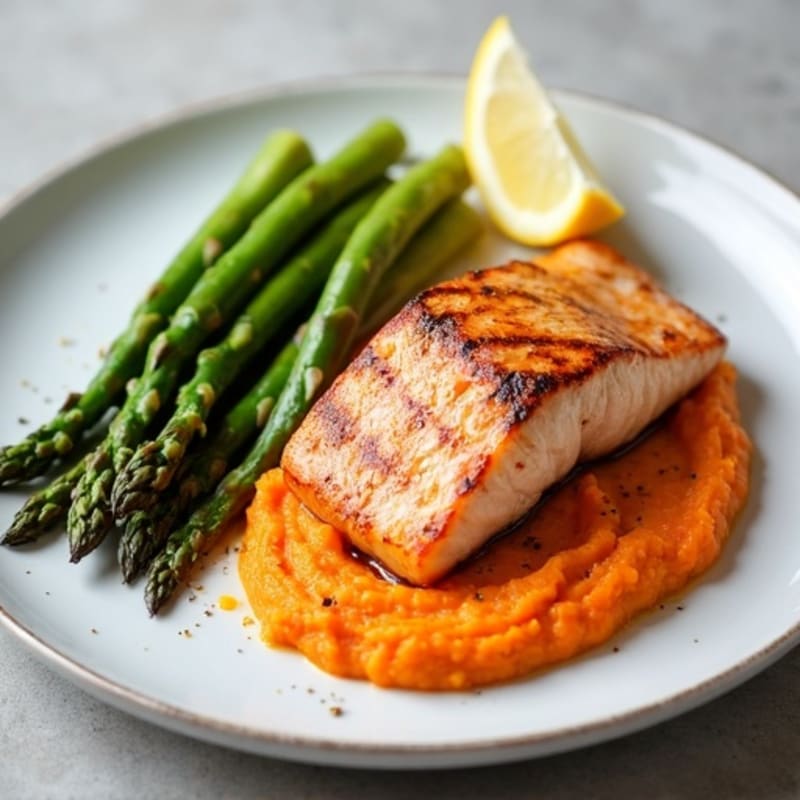 Seared Salmon with Roasted Asparagus and Sweet Potato Mash