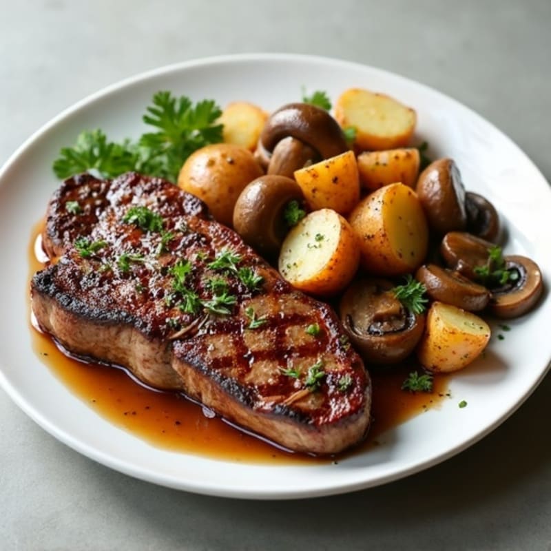Seared Steak with Sautéed Mushrooms and Herb Potatoes