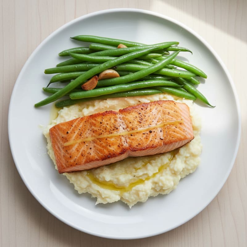 Seared Salmon with Steamed Green Beans and Cauliflower Mash