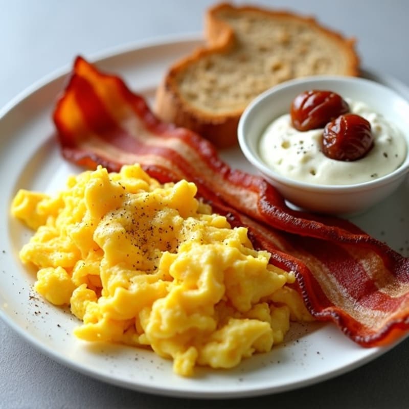 Fluffy Scrambled Eggs with Crisp Turkey Bacon, Whole Grain Toast, and Creamy Cottage Cheese with Dates