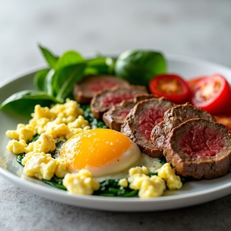 Egg White and Cottage Cheese Scramble with Spinach, Tomato, and Steak
