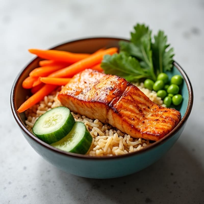 Crispy Salmon Rice Bowl with Fresh Vegetables and Sesame Dressing