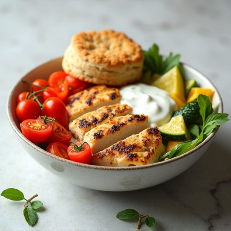 Grilled Chicken and Roasted Vegetable Bowl with Fat Free Yogurt Sauce