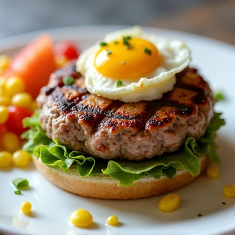 Grilled Hamburger Patty with Roasted Corn and Fresh Fruit Salad