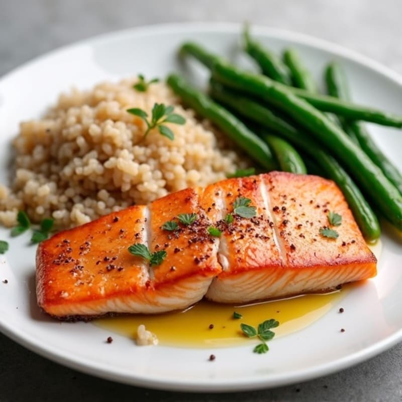 Seared Salmon Fillet with Steamed Green Beans and Brown Rice