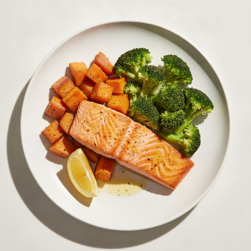Seared Salmon with Roasted Sweet Potatoes and Steamed Broccoli