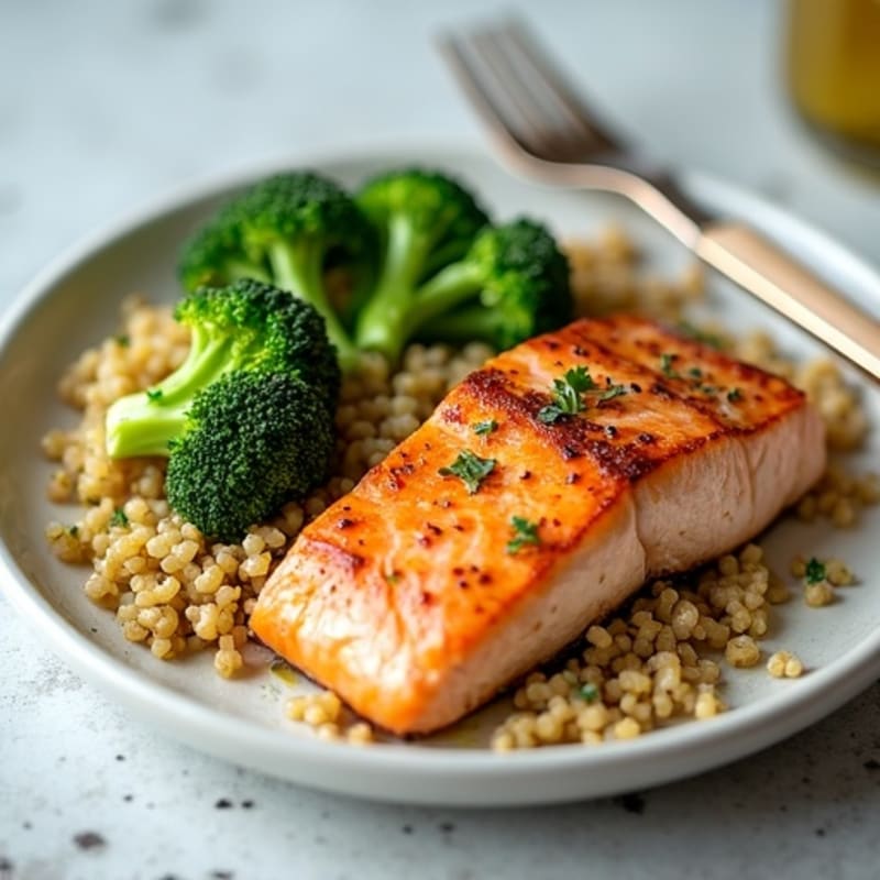 Seared Salmon with Steamed Broccoli and Garlic Quinoa