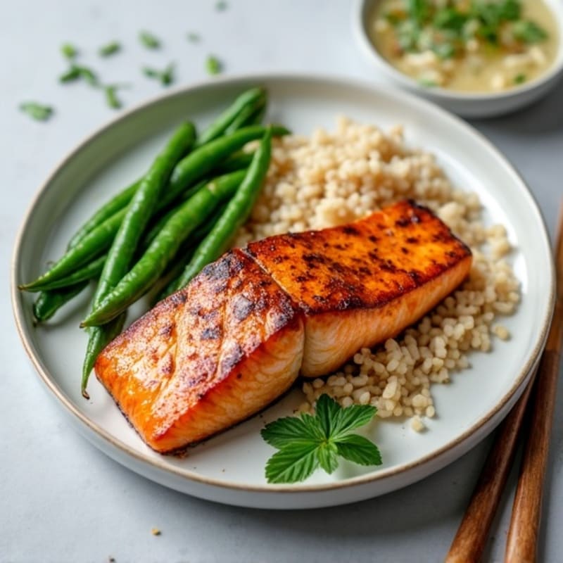 Seared Salmon Fillet with Steamed Green Beans and Brown Rice