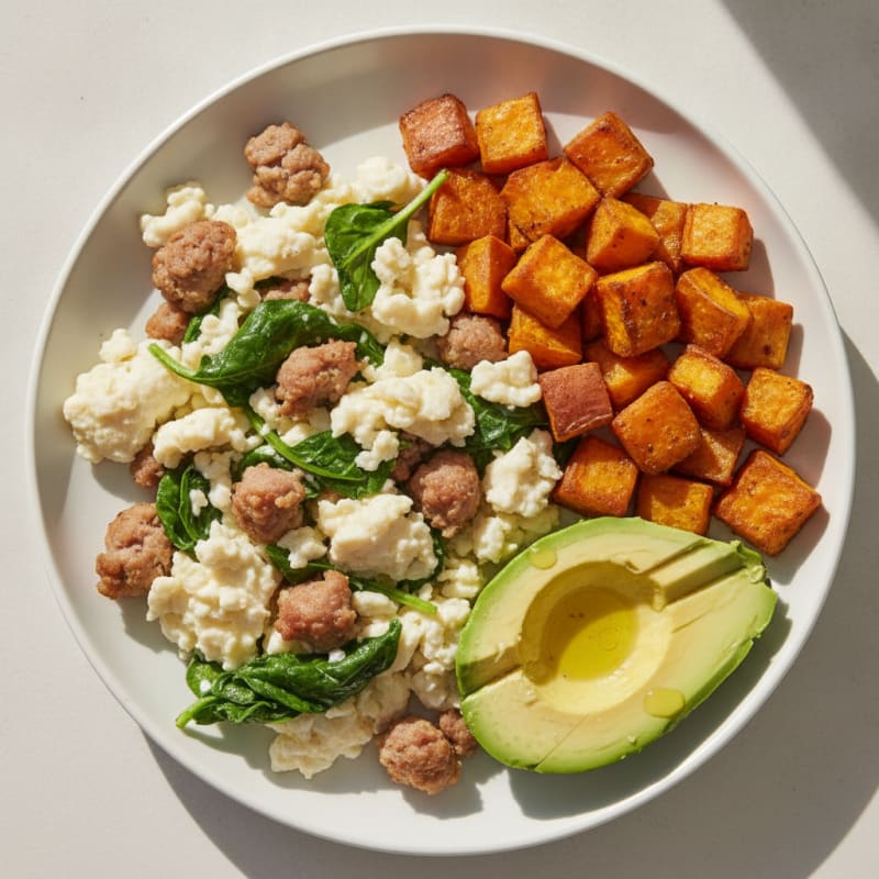 Egg White Scramble with Turkey Sausage and Spinach