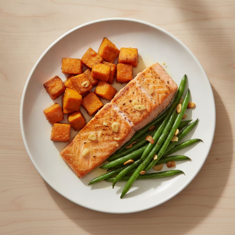 Seared Salmon with Roasted Sweet Potato and Green Beans