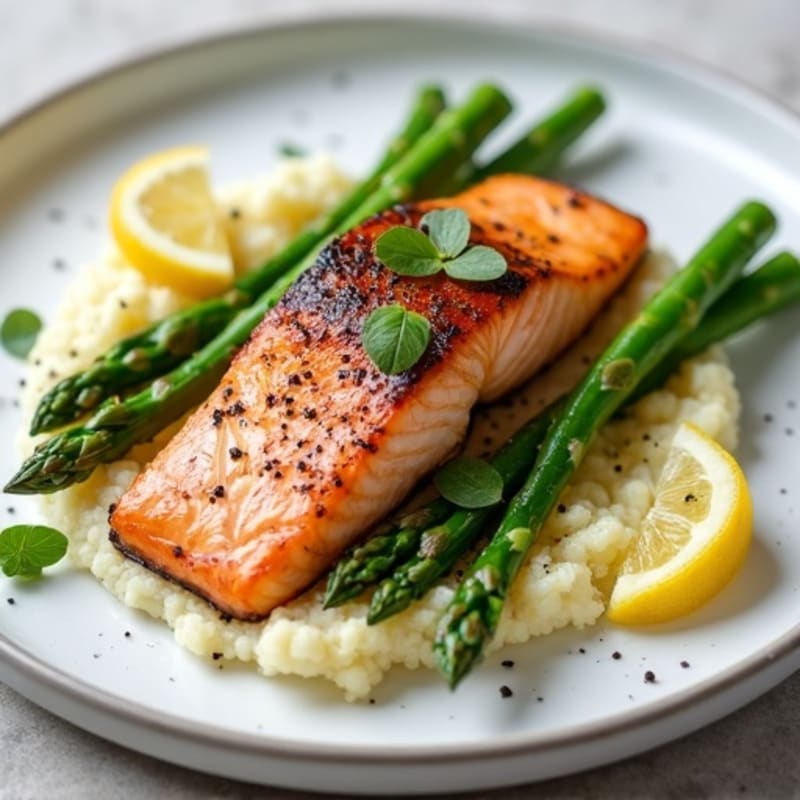 Seared Salmon with Steamed Asparagus and Cauliflower Mash