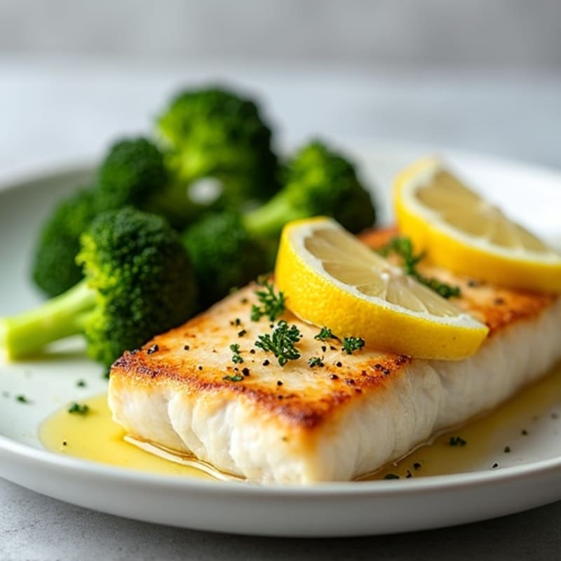 Seared Cod Fillet with Steamed Broccoli and Lemon