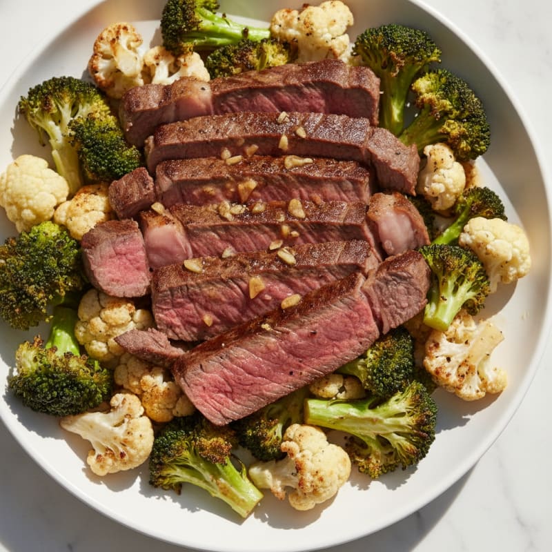 Seared Lean Beef with Roasted Broccoli and Cauliflower