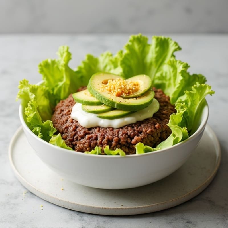 Lean Ground Beef Burger Bowl with Shredded Lettuce and Creamy Tangy Dressing