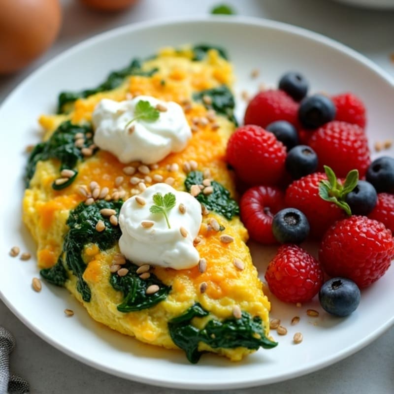 Spinach and Pepper Egg Scramble with Fresh Fruit and Crunchy Seed Topping