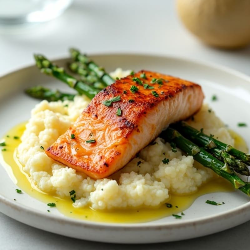 Seared Salmon Fillet with Steamed Asparagus and Garlic Cauliflower Mash