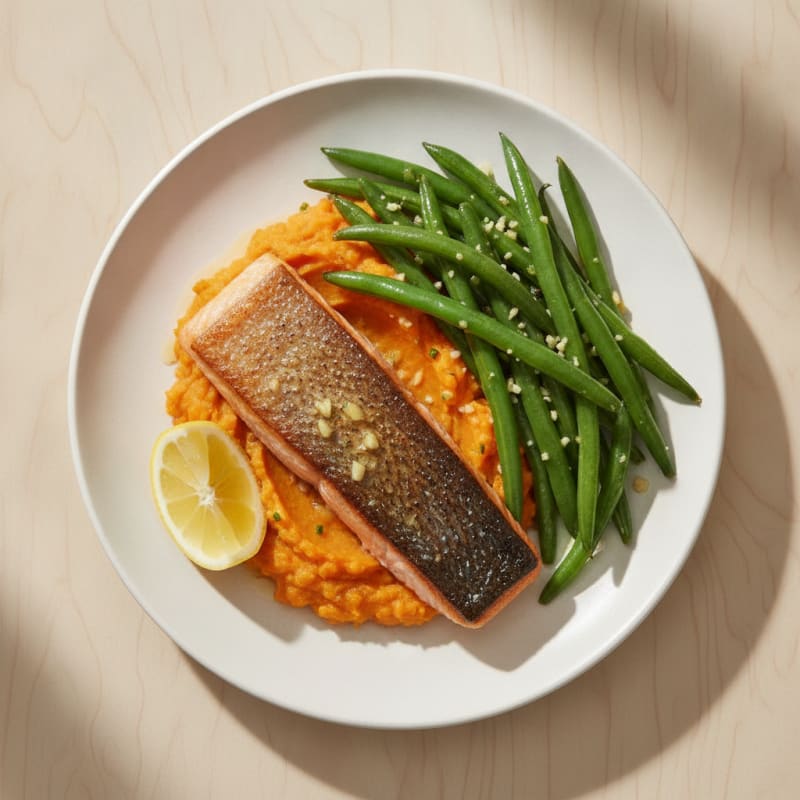 Seared Salmon with Garlic Green Beans and Sweet Potato Mash