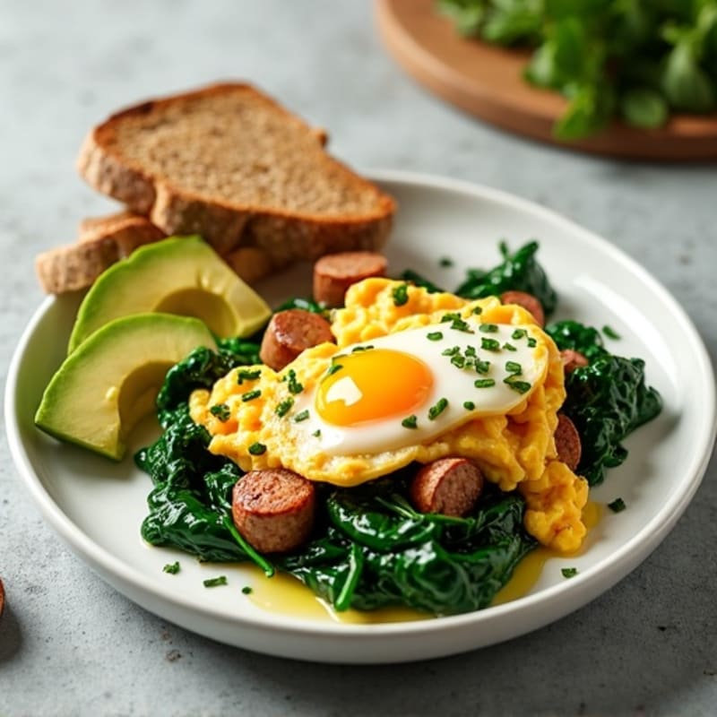 Egg White and Turkey Sausage Scramble with Sautéed Spinach
