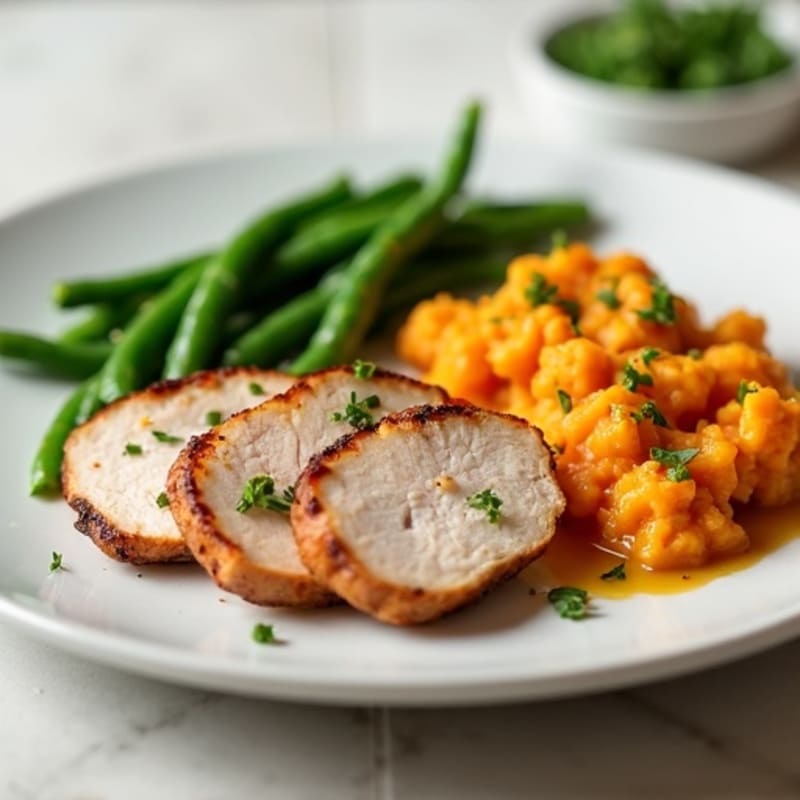 Seared Turkey Breast with Steamed Green Beans and Sweet Potato Mash