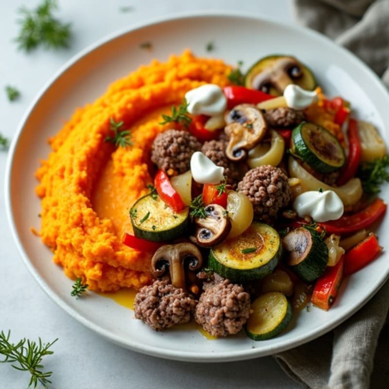 Lean Ground Beef and Roasted Vegetable Skillet with Creamy Sweet Potato Mash