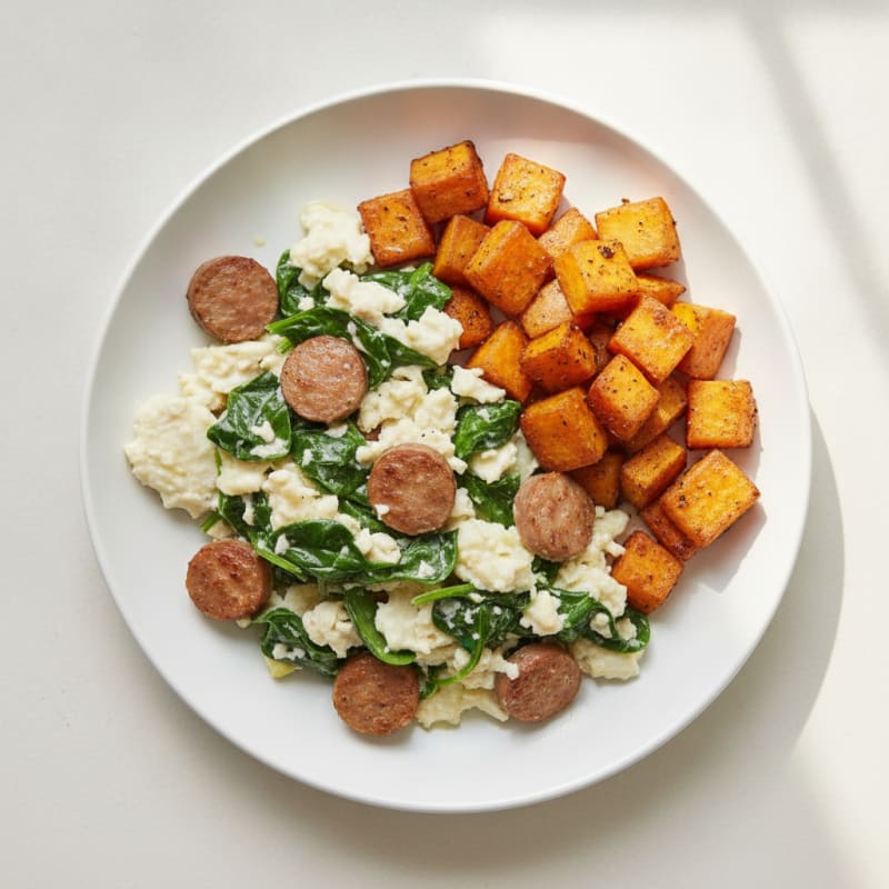 Egg White and Turkey Sausage Scramble with Spinach and Roasted Sweet Potatoes