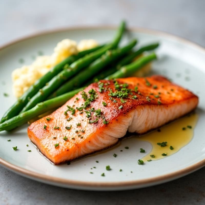 Seared Salmon with Garlic Green Beans and Cauliflower Mash