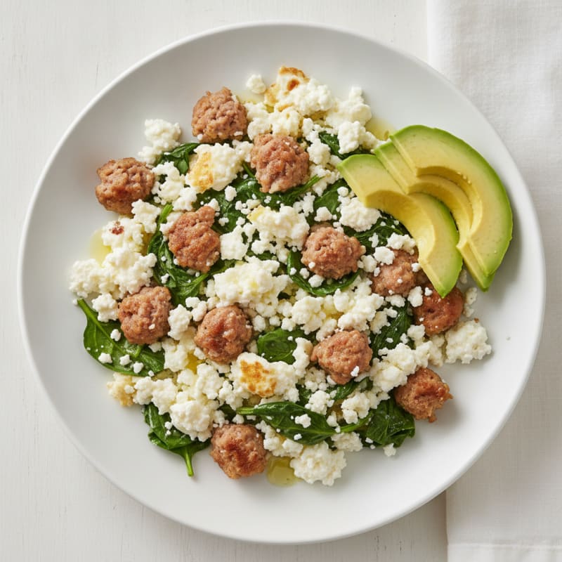 Egg White and Turkey Sausage Scramble with Cottage Cheese and Spinach