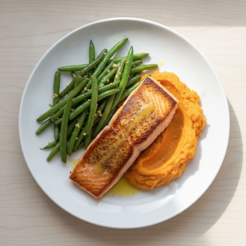 Seared Salmon with Garlic Green Beans and Mashed Sweet Potato