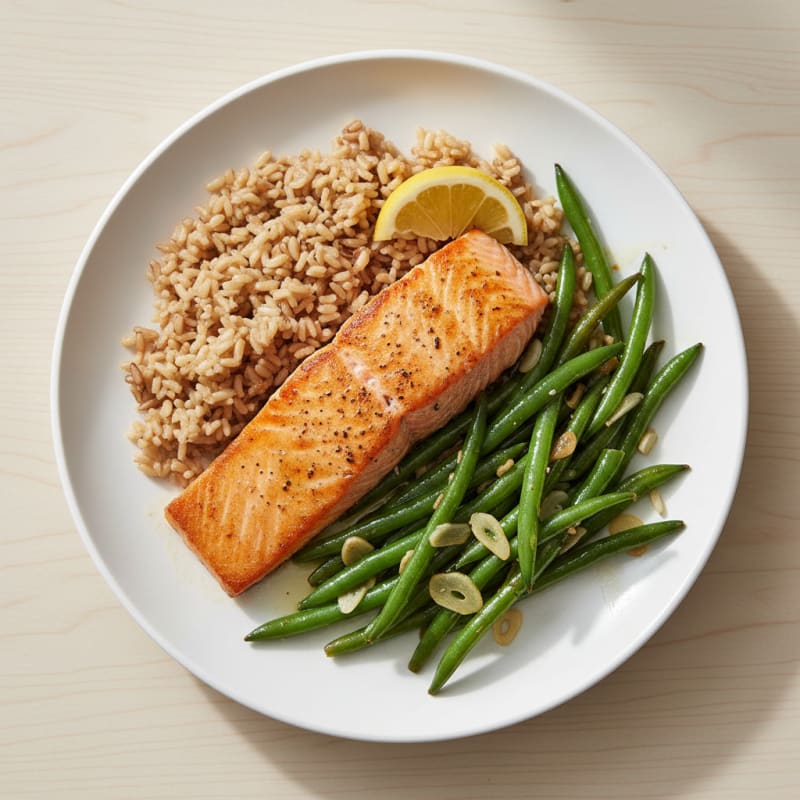 Seared Salmon with Garlic Green Beans and Brown Rice