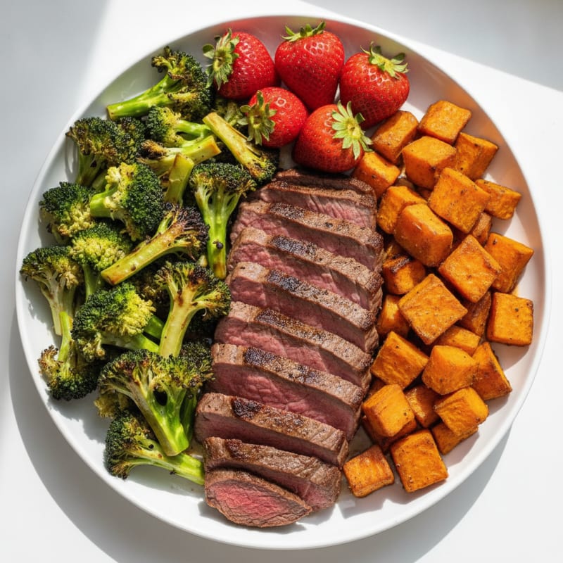 Seared Flank Steak with Roasted Broccoli and Sweet Potato