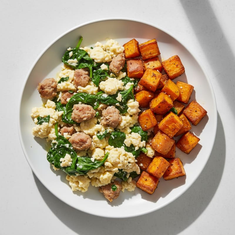 Egg White and Turkey Sausage Scramble with Spinach and Roasted Sweet Potato