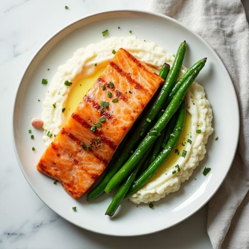 Seared Salmon with Garlic Green Beans and Cauliflower Mash
