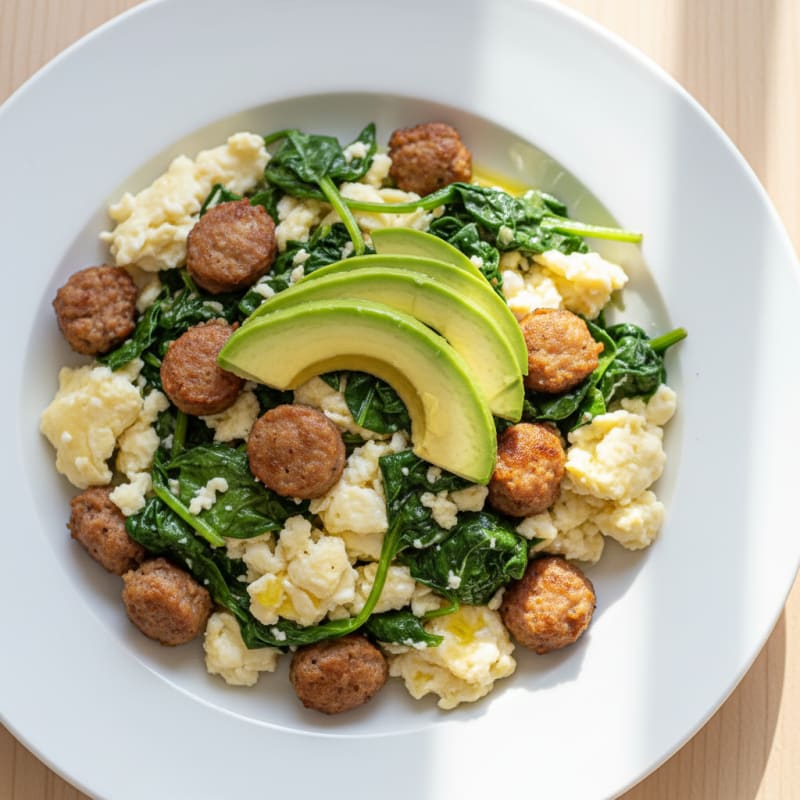 Egg White and Spinach Scramble with Turkey Sausage