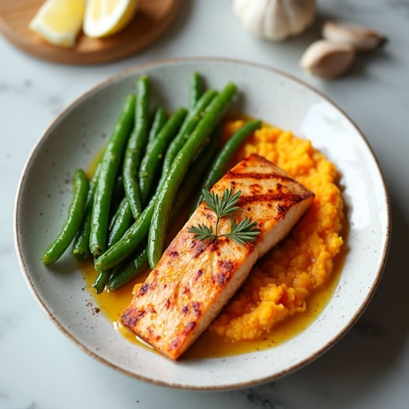 Seared Salmon with Garlic Green Beans and Sweet Potato Mash