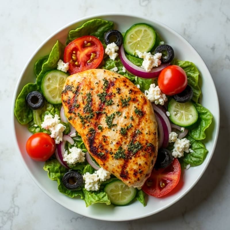 Lemon-Herb Grilled Chicken and Crisp Vegetable Salad with Feta and Olives