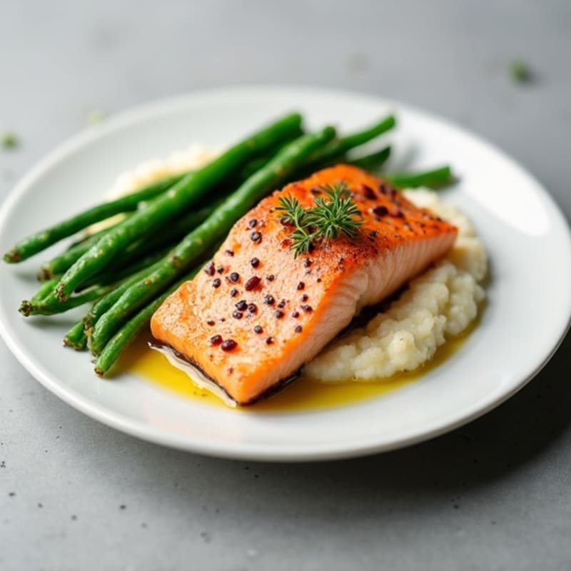 Seared Salmon with Steamed Green Beans and Cauliflower Mash