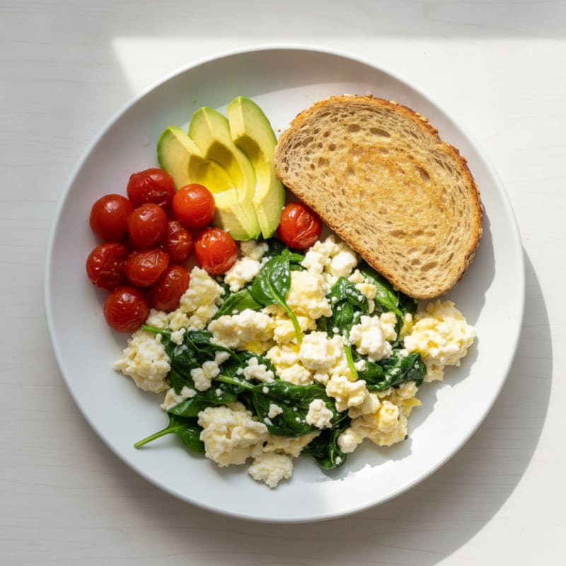 Egg White and Spinach Scramble with Cottage Cheese and Cherry Tomatoes