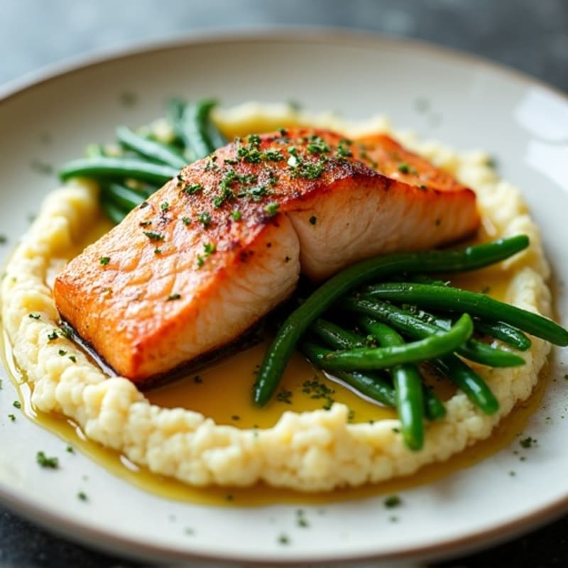 Seared Salmon Fillet with Garlic Green Beans and Cauliflower Mash